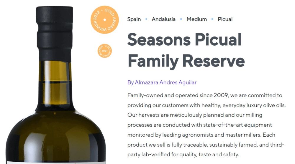 Seasons Picual Family Reserve aceite de oliva virgen extra premio evoo aove